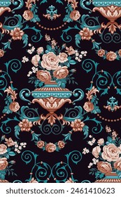 Baroque seamless pattern with vase and bouquet of roses in duocolors