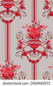 Baroque seamless pattern with vase and bouquet of roses in duocolors