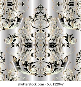 Baroque seamless pattern. Vector floral silver drapery background wallpaper with 3d gold and black flowers, scroll leaves and antique damask ornaments. Luxury texture for fabric, textile, curtains.