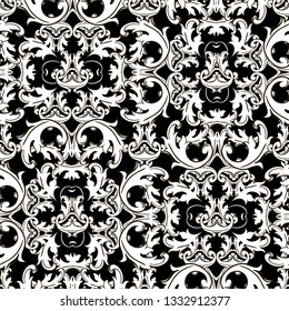 Baroque seamless pattern. Vector ornamental Damask background. Antique floral baroque ornaments in Victorian style. Vintage flowers, scroll leaves. Decorative repeat backdrop. Patterned ornate design