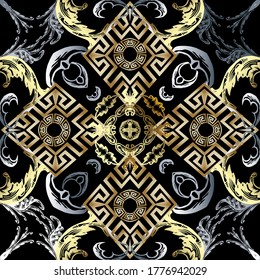 Baroque seamless pattern. Vector ornamental colorful background. Beautiful vintage floral ornaments with greek rhombus frames, meanders, antique flowers, leaves. Luxury design for wallpapers, fabric.
