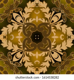 Baroque seamless pattern. Vector ornate glowing floral background. Repeat Damask backdrop. Vintage autumn leaves, flowers. Baroque Victorian style leafy ornaments. Elegant golden autumn design.