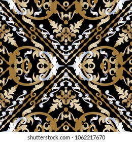 Baroque seamless pattern. Vector vintage floral background. Leafy antique ornaments. Old flowers, leaves, swirls, scrolls, curves, stripes. Elegant texture. Ornate design for fabric, wallpapers, print