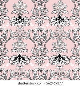Baroque seamless pattern wallpaper illustration with vintage  royal crown and antique medieval damask ornaments. Elegant vector endless  fabric texture.Luxury light pink   background.