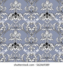 Baroque seamless pattern wallpaper illustration with vintage  royal crown,flowers,leaves  and antique medieval damask ornaments. Elegant vector endless  fabric texture. Luxury light  background.