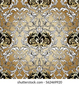 Baroque seamless pattern wallpaper illustration with vintage gold 3d  royal crown and antique medieval damask ornaments. Elegant vector endless  fabric texture.Luxury gold  background.