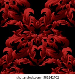 Baroque  seamless pattern wallpaper  illustration with antique vintage red 3d floral damask ornaments, scroll leaves and flowers . Black vector background. Luxury texture.