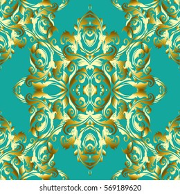 Baroque seamless pattern.Antique gold vintage 3d ornaments.Ornate medieval light blue  background. Scroll leaves.Luxury damask illustration. Floral elegant vector texture with shadows and highlights.
