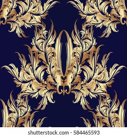 Baroque  seamless pattern.Antique royal 3d gold Damask ornaments. Luxury flourish blue background. Floral wallpaper with scroll swirl leaves, flowers. Vector  texture for fabric, textile, curtain.
