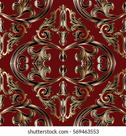 Baroque seamless pattern.Antique vintage gold 3d damask  ornaments.Ornate medieval  red background.Scroll leaves.Luxury ornamental wallpaper  illustration. Floral elegant vector fabric texture 