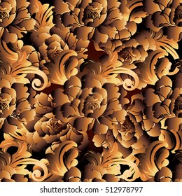 Baroque seamless pattern.Luxury floral dark gold  background wallpaper illustration with vintage decorative 3d roses flowers, leaves and antique ornaments.Endless  texture with shadows and highlights.
