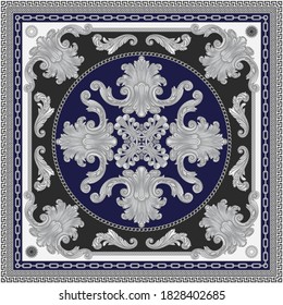 Baroque silk bandana print on a grey, indigo blue and black background. Fashionable pattern of silver chains, scrolls. Scarf, kerchief, silk textile patch, carpet print, embroidery template