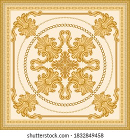 Baroque silk bandana print on a light beige background. Fashionable pattern gold chains, scrolls. Scarf, neckerchief, kerchief, silk textile patch, carpet. 7 pattern chain brushes in the palette