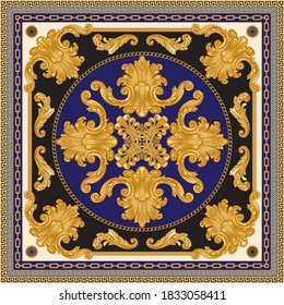 Baroque silk bandana print on a beige, blue and black background. Fashionable pattern of gold chains, scrolls. Scarf, kerchief, silk textile patch, carpet. 8 pattern chain brushes in the palette