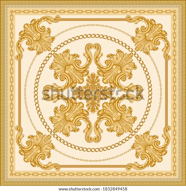 Baroque silk bandana print on a light beige
background. Fashionable pattern gold chains, scrolls. Scarf,
neckerchief, kerchief, silk textile patch, carpet. 7 pattern chain
brushes in the palette