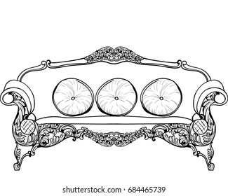 Baroque sofa with luxurious ornaments. Vector French Luxury rich intricate structure. Victorian Royal Style decors