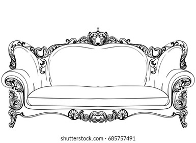 Baroque sofa with luxurious ornaments. Vector French Luxury rich intricate structure. Victorian Royal Style decor