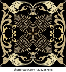 Baroque square frames gold seamless pattern. Ornamental background. Repeat luxury backdrop. Vintage Baroque style floral ornaments. Greek key, meanders. Golden flowers, leaves, shapes, borders. Tile.