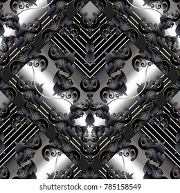 Baroque striped black and white vector seamless pattern. Abstract geometric 3d background wallpaper with stripes, lines, waves, paisley flowers, scroll leaves, swirls, rhombus, baroque damask ornament