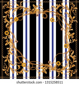 Baroque striped seamless pattern with chains and leaves. Vector patch for fabric, scarf.