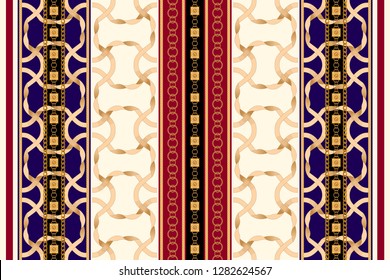 Baroque striped seamless pattern with golden ribbons and chains. Vintage patch for scarfs, print, fabric.