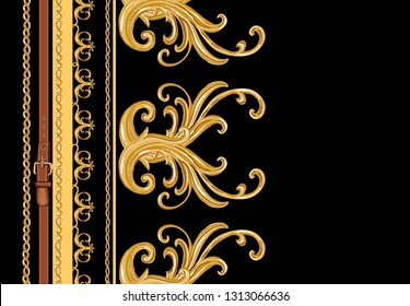 Baroque striped vector pattern with belts, golden ribbons and chains, baroque elements. Vintage patch for scarfs, print, fabric. Isolated on black background