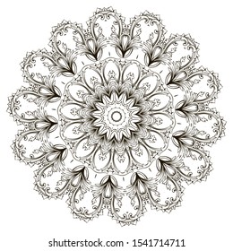 Baroque style black and white vector mandala pattern. Floral decorative background. Monochrome backdrop. Vintage flowers, leaves, frames, round mandala ornaments. Elegance isolated design. Template.