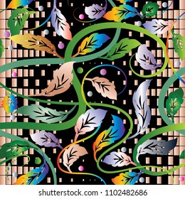 Baroque style colorful abstract seamless pattern. Vector floral vintage halftone background. Modern beautiful decorative hand drawn leafy ornaments. Geometric shapes and elements. Polka dots, squares.