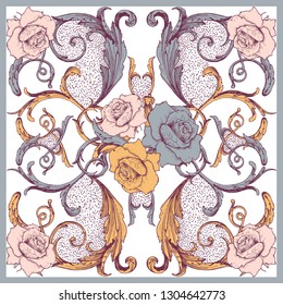 Baroque style elements with roses flowers scarf seamless pattern on white background. Vector illustration - 6 colors.