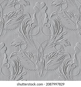 Baroque style emboss 3d seamless pattern. Textured floral white background. Repeat waffle relief backdrop. Vintage embossed 3d ornament. Surface flowers, leaves, ropes, chains, lines. Endless texture.