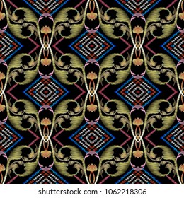 Baroque style embroidery seamless pattern. Vector tapestry vintage flowers, leaves, scrolls, rhombus, frames, zigzag, lines, stripes. Antique floral grunge background. Embroidered abstract 3d ornament