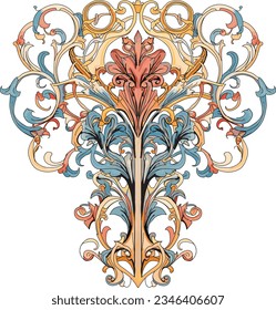 Baroque style floral design element, pink, blue and yellow multicolor, iris flowers