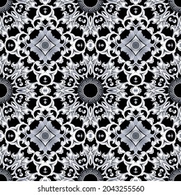 Baroque style floral seamless pattern. Ornamental black and white vector background. Vintage flowers, leaves. Greek key, meanders. Luxury beautiful intricate ornament. Repeat backdrop. Endless texture
