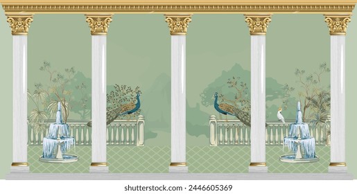 Baroque style garden arch peacock landscape wallpaper. Mural  art wallpaper illustrations.