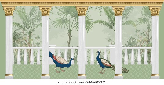 Baroque style garden arch peacock landscape wallpaper. Mural  art wallpaper illustrations.