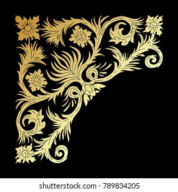 Baroque style gold ornament design. Retro ornamental gradient golden metallic background. Baguette frame corner. Vintage decorative pattern. EPS 10 vector illustration.