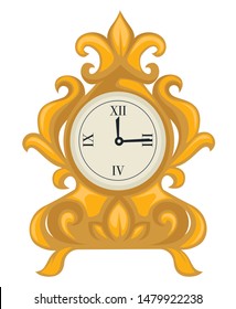 Reloj dorado de estilo barroco, dial con manos, mecanismo vintage vector de esbozo aislado. Herramienta de medición del tiempo retro, reliquia anticuada con curvas. Elemento de diseño interior, elemento de estilo victoriano