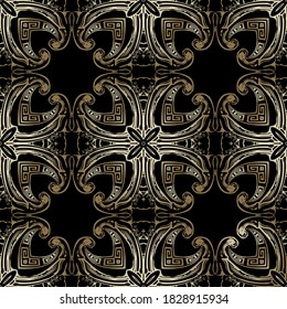 Baroque style greek seamless pattern. Floral ornamental background. Repeat vector greek backdrop. Geometric gold ornament with vintage golden flowers, leaves, meanders. Modern ornate luxury design.