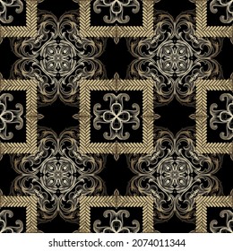 Baroque style modern seamless pattern. Ornamental black and gold background. Luxury vintage gold ornament. Beautiful golden patterns. Square braided frames. Gold flowers, leaves, shapes. Ornate design