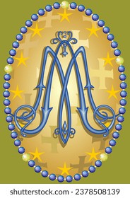 Baroque style monogram M, surrounded by rosary beads, and in the background multicolored crosses and stars