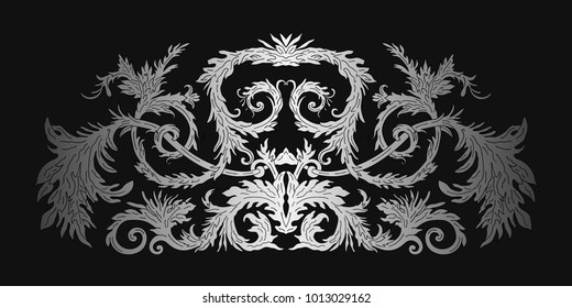 Baroque style ornament design. Retro ornamental silver metallic background. Baguette frame border. Vintage decorative pattern. EPS 10 vector illustration.