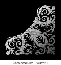 Baroque style ornament design. Retro ornamental gradient silver metallic background. Baguette frame corner. Vintage decorative pattern. EPS 10 vector illustration.