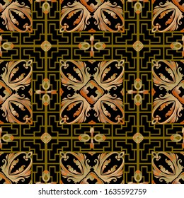 Baroque style plaid grid vector seamless pattern. Ornamental greek background. Geometric tribal ethnic repeat ornate backdrop. Vintage flowers, leaves, geometrical abstract shapes. Greek key meanders.
