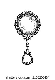 baroque style quizzing glass. Vintage lens. Ink sketch isolated on white background. Hand drawn vector illustration. Retro style.