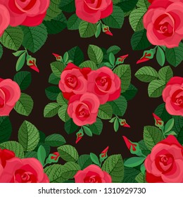 Baroque style roses seamless pattern. Abstract red flowers and leaves decorative arrangement for repeat background. Vector illustration. - Powered by Shutterstock - Get 15% off with code: PIKWIZARD15