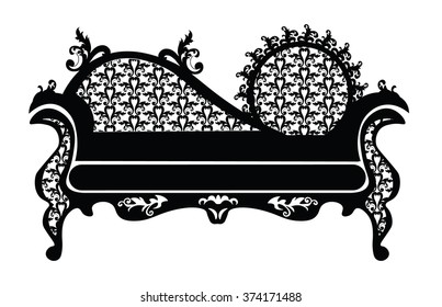 Baroque style sofa round shape with rich ornaments in black. Vector sketch