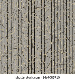 Baroque style striped vector seamless pattern. Hand drawn golden colored contours of abstract flowers, leaves and black stripes. Luxury template for design, textile, ceramic tile, walpaper.