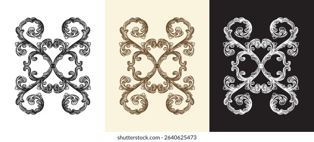 Baroque style swirl decorative design elements set. Engraving retro pattern. Vintage damask filigree wedding scroll floral ornaments. Vector illustration. For decoration, cards, invitation and wedding