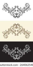 Baroque style swirl decorative design elements set. Vintage damask filigree wedding scroll floral ornaments. Engraving retro pattern. Vector illustration. For decoration, cards, invitation