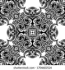 Baroque style vector seamless pattern. Ornamental floral antique background. Repeat monochrome backdrop. Vintage Damask ornament with flowers, leaves, shapes. Abstract modern decorative ornate design.